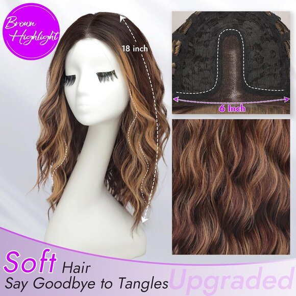 Brown Highlight Long Wavy Wig for Women, Pre-Cut HD Lace Natural Hairline 18" - Picture 2 of 5